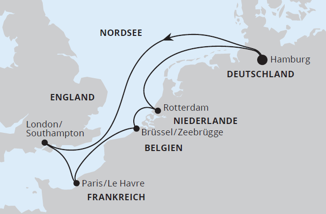 Routenkarte AIDA Metropolen ab Hamburg