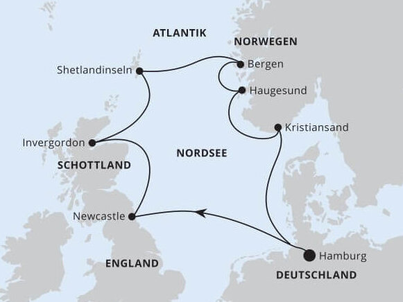 Routenkarte AIDAsol Großbritannien und Norwegen