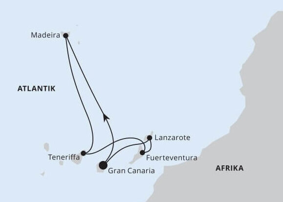 Routenkarte AIDAcosma Kanaren & Madeira ab Teneriffa oder Gran Canaria