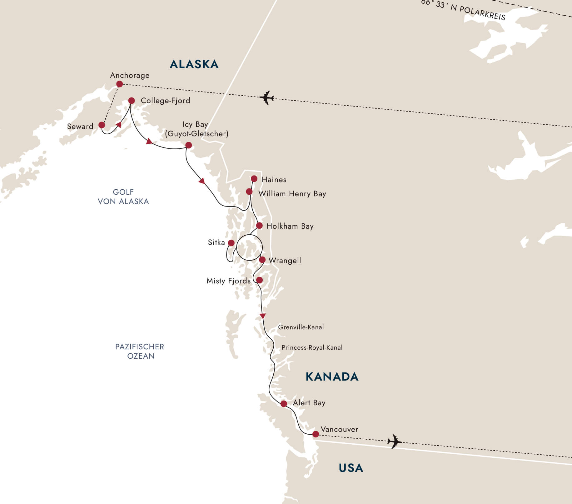 Routenkarte MS Roald Amundsen Alaska