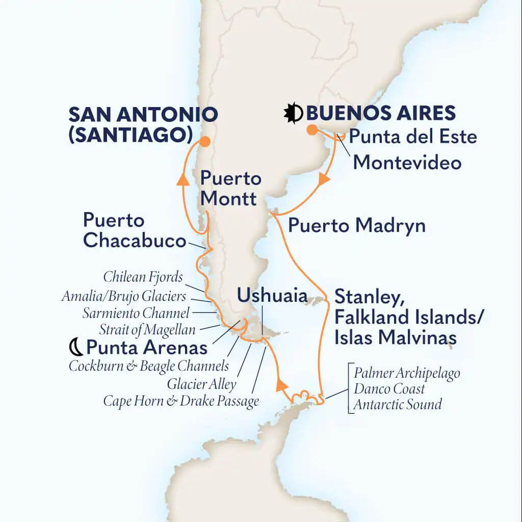 Routenkarte Holland America Line Südamerika mit Antarktis